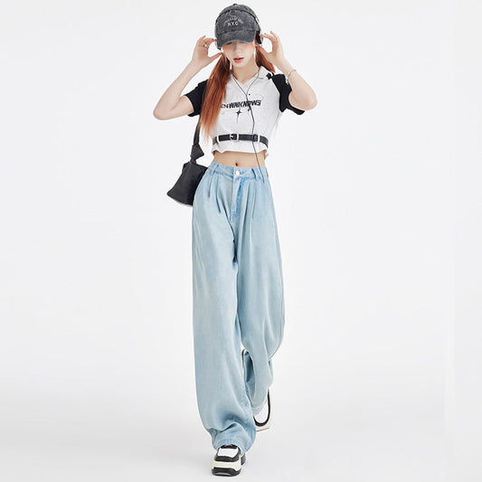 Mid Wash Blue Denim Wide Leg Trousers with Double Pleats for Women