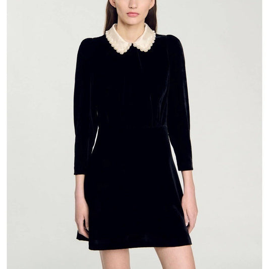 Black Corded Collar Mini Dress with Maple Print for Women