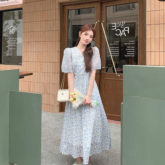 Floral Puff Sleeve V-Neck Dress with High Waist and Lace-Up Detail - Blue Small Floral Print, Slim Fit, Large Skirt