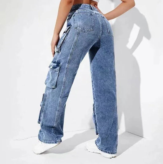 Stylish Wide-Leg Cargo Jeans for Women - Trendy Utility Fashion