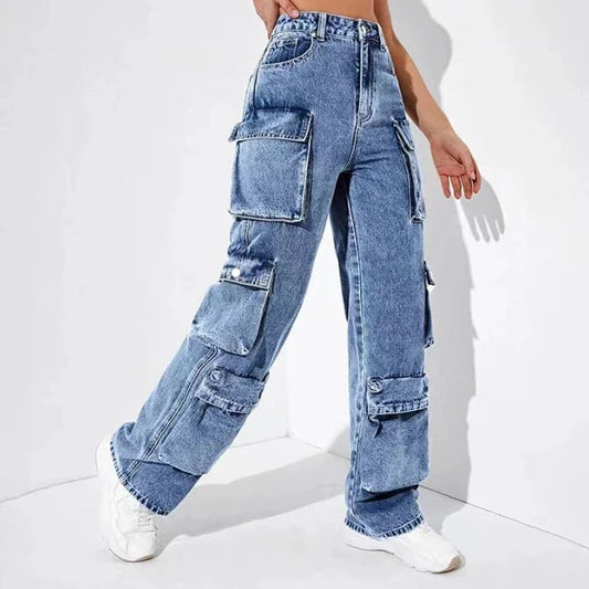 Stylish Wide-Leg Cargo Jeans for Women - Trendy Utility Fashion