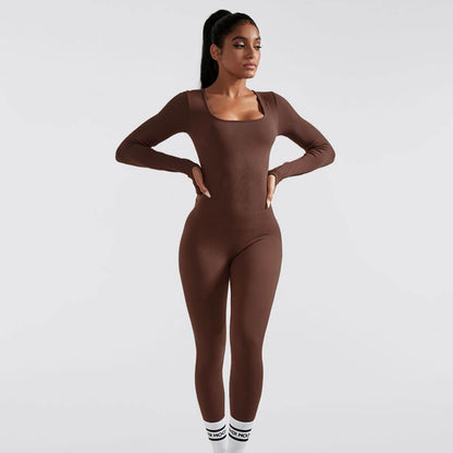 Solid Color Ribbed Long Sleeve Seamless Jumpsuit